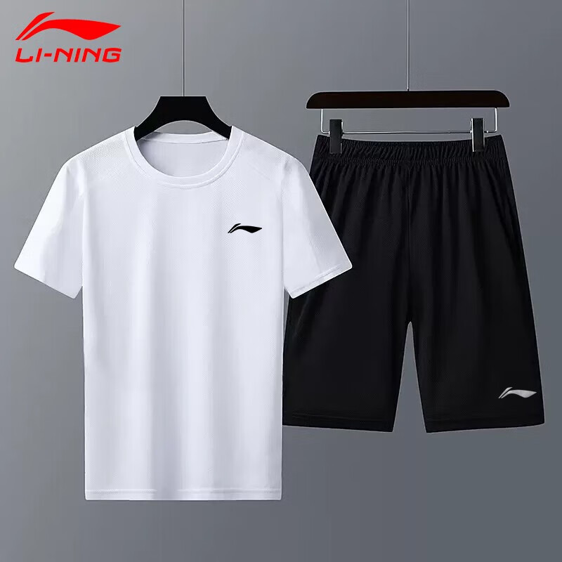 李宁 LI-NING 运动套装男夏季冰丝短袖短裤速干跑步运动t恤篮球休闲服白2X 白