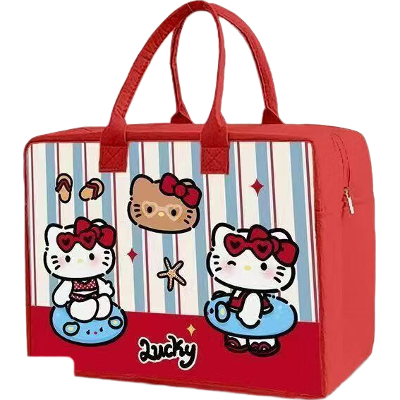 红色KT猫 卡通毛毡旅行包 大容量手提收纳包 40cm*30cm*20cm 可挂行李箱 3.5元