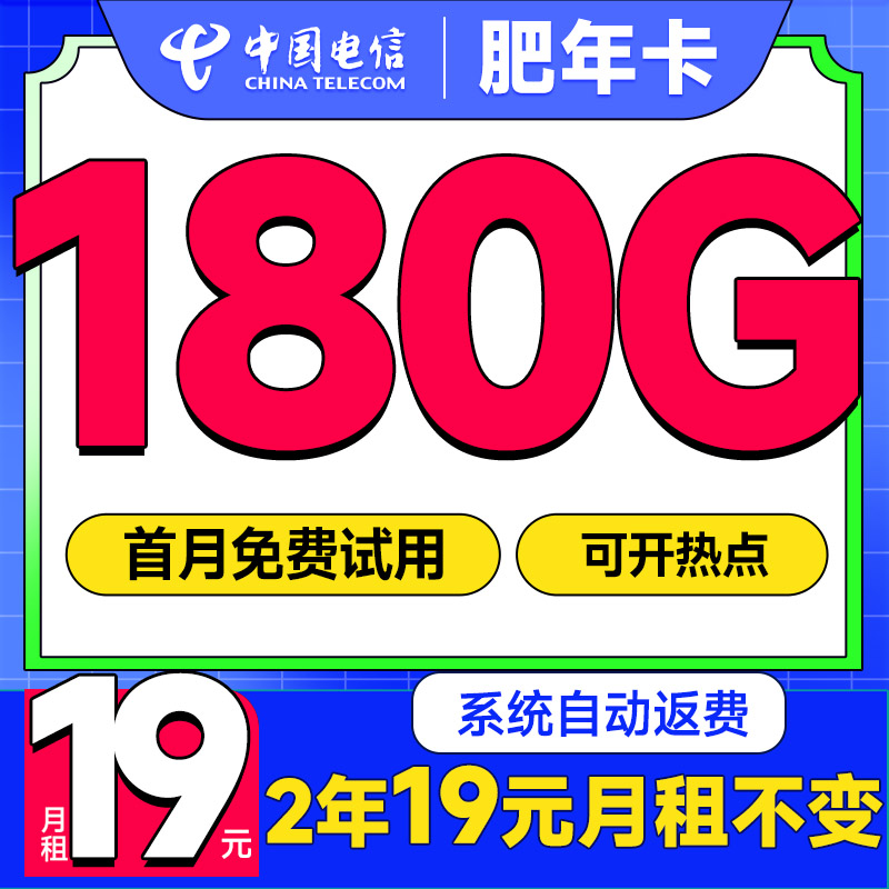 中国电信 肥年卡 2年19元/月（运营商自动返费+180G流量+首月免租）激活送20E