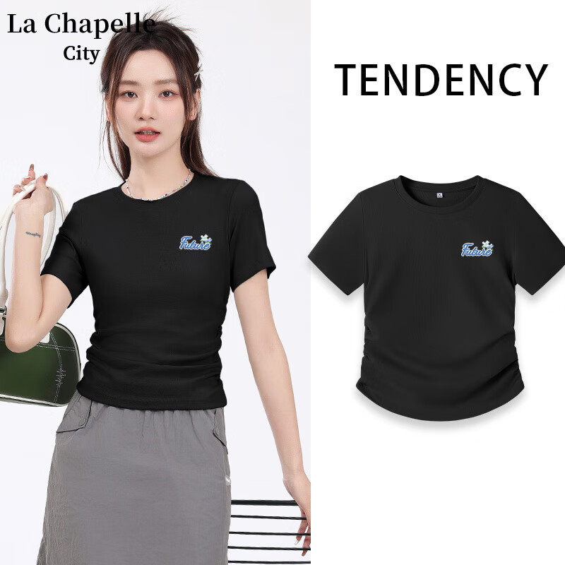 La Chapelle City 拉夏贝尔褶皱正肩紧身短款T恤 黑-油画拼图K L 24.34元（需用券