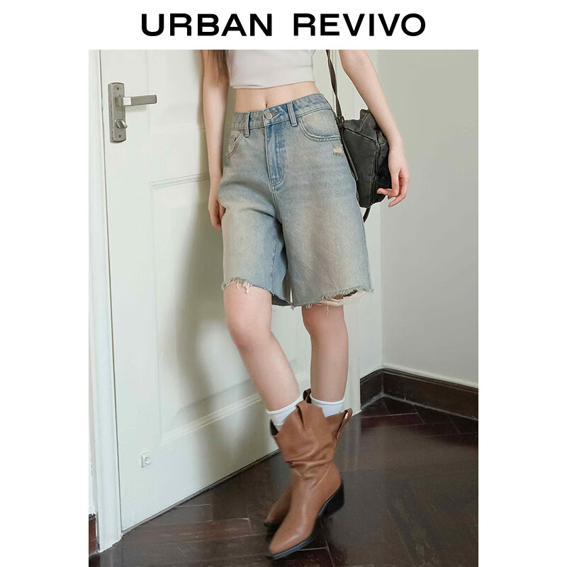 复古磨毛须边短裤：URBAN REVIVO 2024夏季新款女装美式休闲牛仔短裤 179.1元（