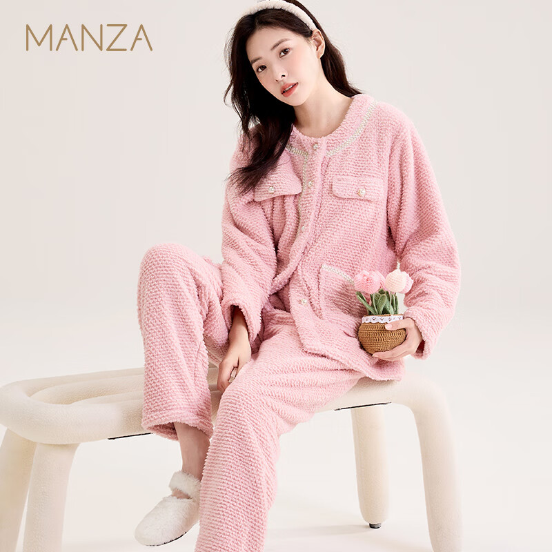 玛伦萨 manza 睡衣女秋冬季新款加绒加厚保暖珊瑚绒开衫可外穿家居服套装 89