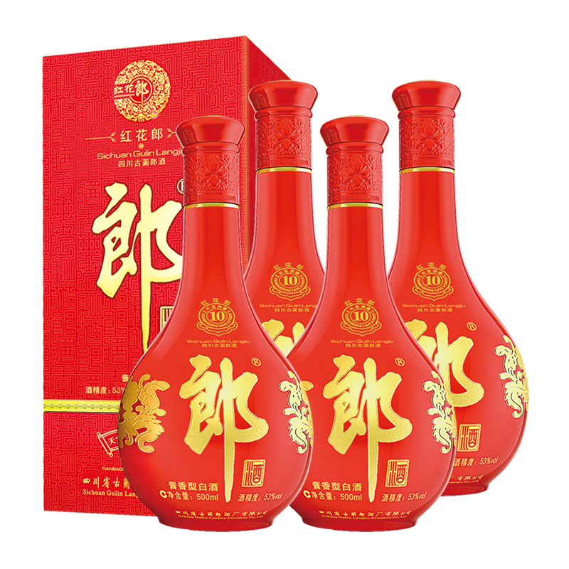 移动端、京东百亿补贴：LANGJIU 郎酒 红花郎10 53度 酱香型白酒 500ml*4瓶 1110元