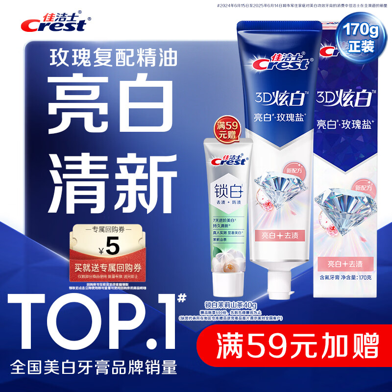 佳洁士 3D炫白系列 美白去黄 牙膏 玫瑰盐 170g 10.8元