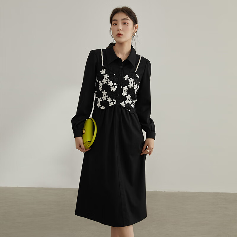 独束 微胖大码女装法式蕾丝拼接假两件连衣裙显瘦中长裙 静谧黑 M （尺码