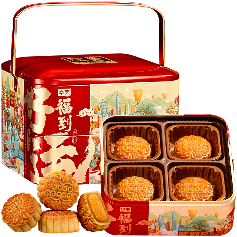 PLUS会员：华美 月饼礼盒 蛋黄莲蓉月饼中秋月饼花开福到760g（双层铁罐礼盒
