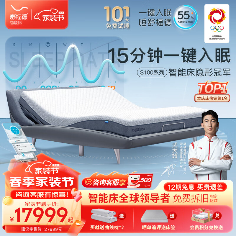 softide 舒福德 奥运智能电动床一键入眠按摩 +床垫+灰色床围 1800*2000（床垫偏