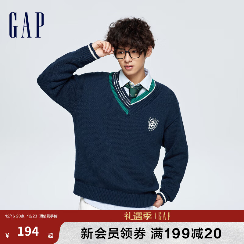 Gap 盖璞 男装春季2024LOGO学院风不对称V领针织衫885857宽松毛衣 海军蓝 165/88A(S