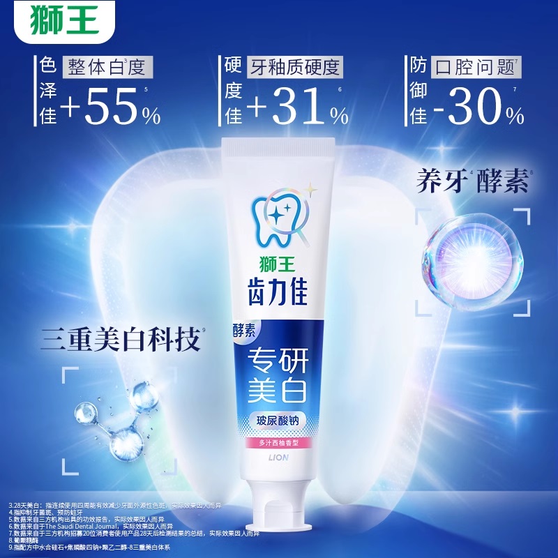 88VIP:狮王 white齿力佳酵素小苏打美白防蛀牙膏5支 22.36元(需用券)