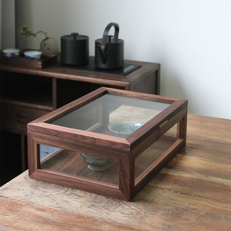 丰陶张生 黑胡桃木茶具展示盒防尘茶杯五面透明玻璃收纳茶室桌面实木陈列