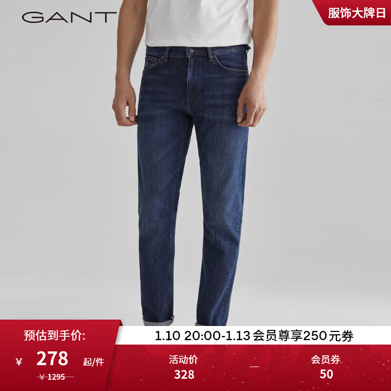 GANT 甘特 男士舒适简约修身微弹力翻边直筒牛仔裤长裤1315009 960深蓝色 3032 27