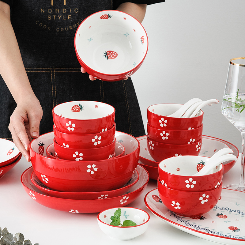 ONECCI 草莓碗碟餐具家用创意可爱陶瓷汤面碗饭甜品碗单个早餐菜盘子日式（