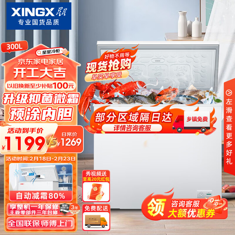 XINGX 星星 300升家用商用减霜净味冰柜 冷藏冷冻转换冷柜 节能顶开冰箱 BD/BC-