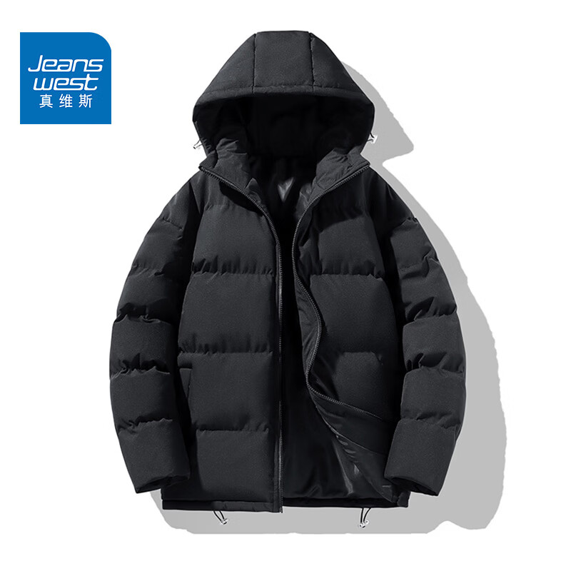 真维斯 男女同款连帽棉服加厚百搭棉衣款面包服2026冬季保暖棉袄外套 黑色 