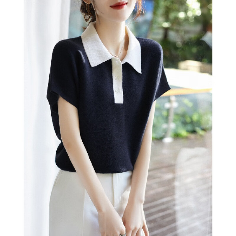 2024春夏女装韩版翻领上衣设计感撞色短袖针织衫 39.8元（需用券）