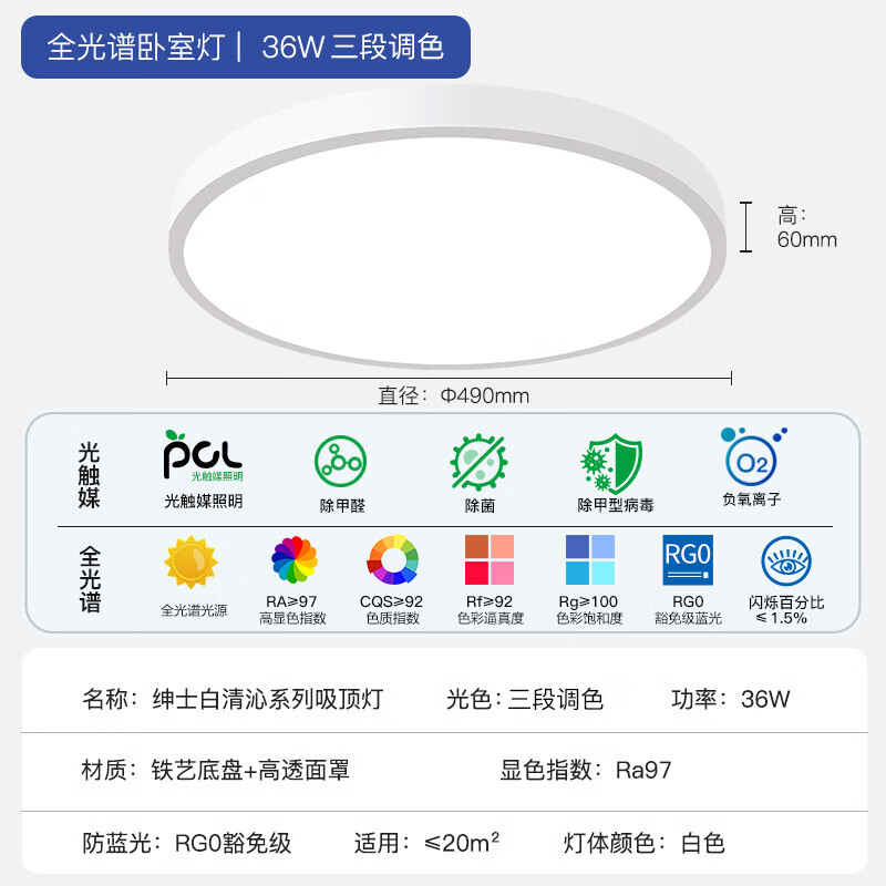 FSL 佛山照明 全光谱护眼吸顶灯光触媒卧室灯豁免级蓝光Ra97绅士白36W 149.3元