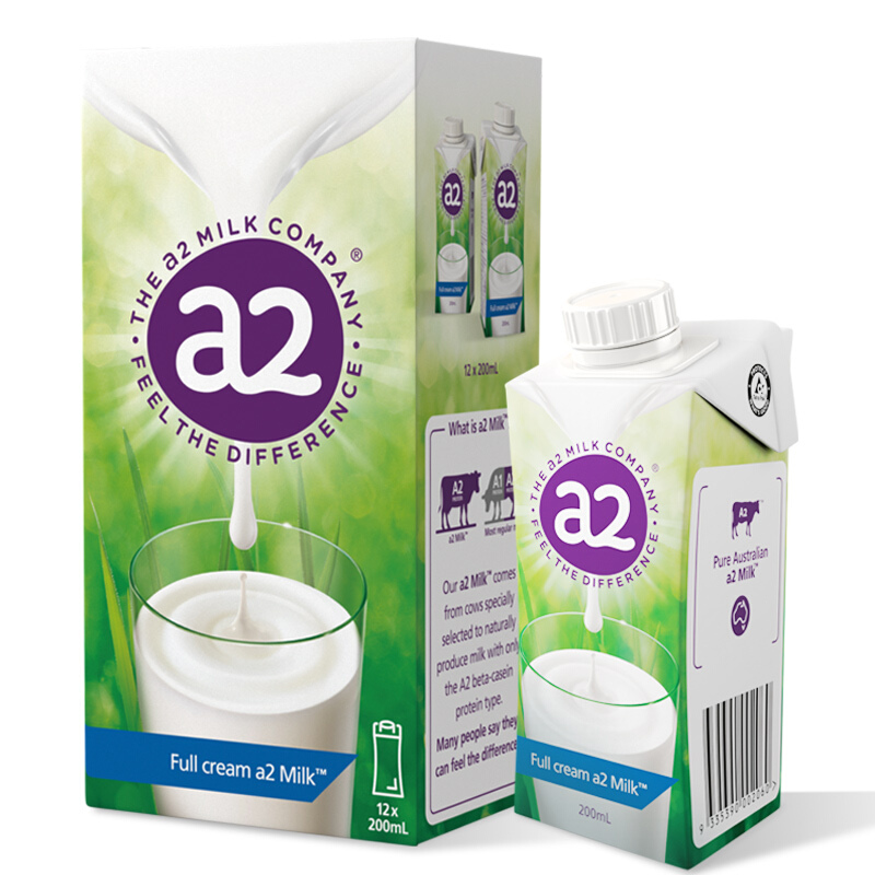 a2 艾尔 全脂纯牛奶澳洲进口营养早餐奶A2型蛋白质200ml*12盒 礼盒装 139元