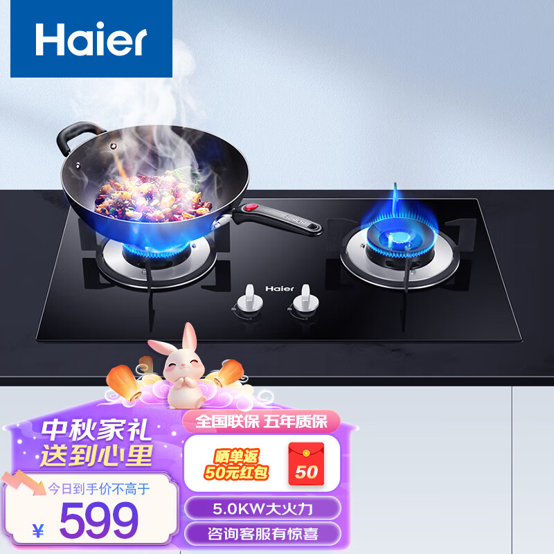 Haier 海尔 燃气灶天然气 家用嵌入式5.0kW大火力 钢化玻璃 瞬燃点火 煤气灶双