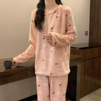 兰缦尼 珊瑚绒套装女士日系甜美可外穿圆领睡衣保暖套装女 粉色 均码(建议80-140斤) 39.9元（需用券）