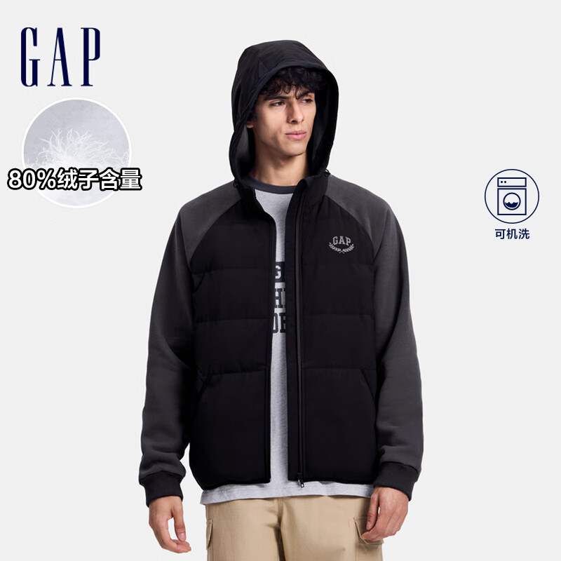 Gap 盖璞 男装2024秋季印花logo拼接抓绒立领连帽羽绒服外套637898 黑色 175/96A(L)