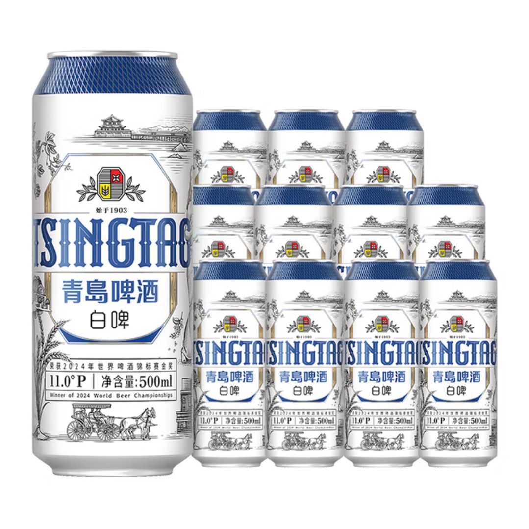 青岛啤酒 TSINGTAO 古法精酿全麦白啤整箱 500mL 12罐 (20版)(拍 2 赠白啤 6 罐) 66.57元