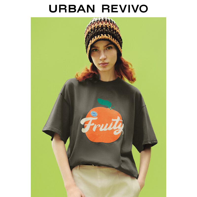 URBAN REVIVO UR2024秋季女装潮流撞色图案斑驳印花宽松T恤UWU440141 深灰 XL 139元（