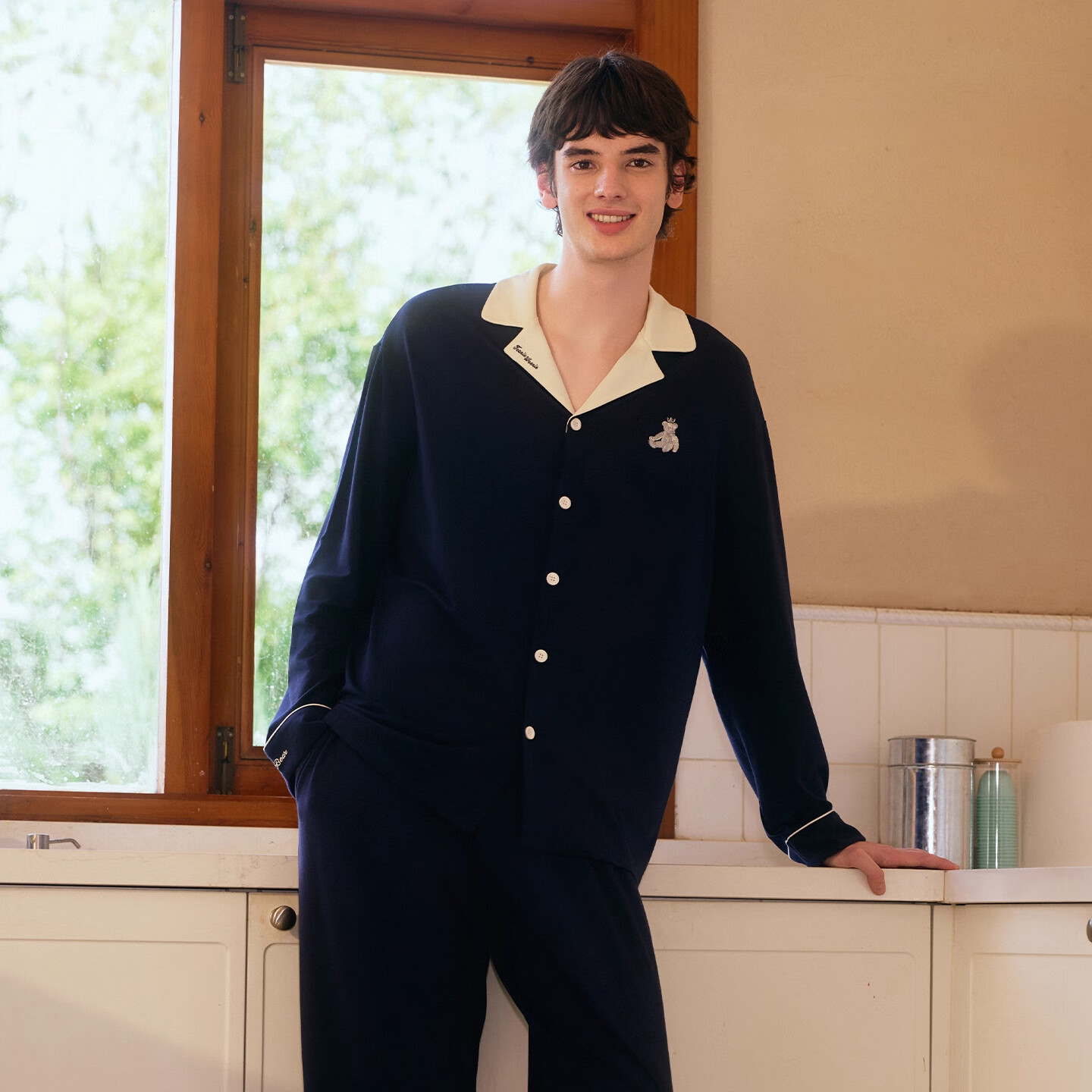 TEENIE WEENIE 小熊情侣款睡衣 男女款莫代尔情侣长袖家居服套装女 藏青色 L 147