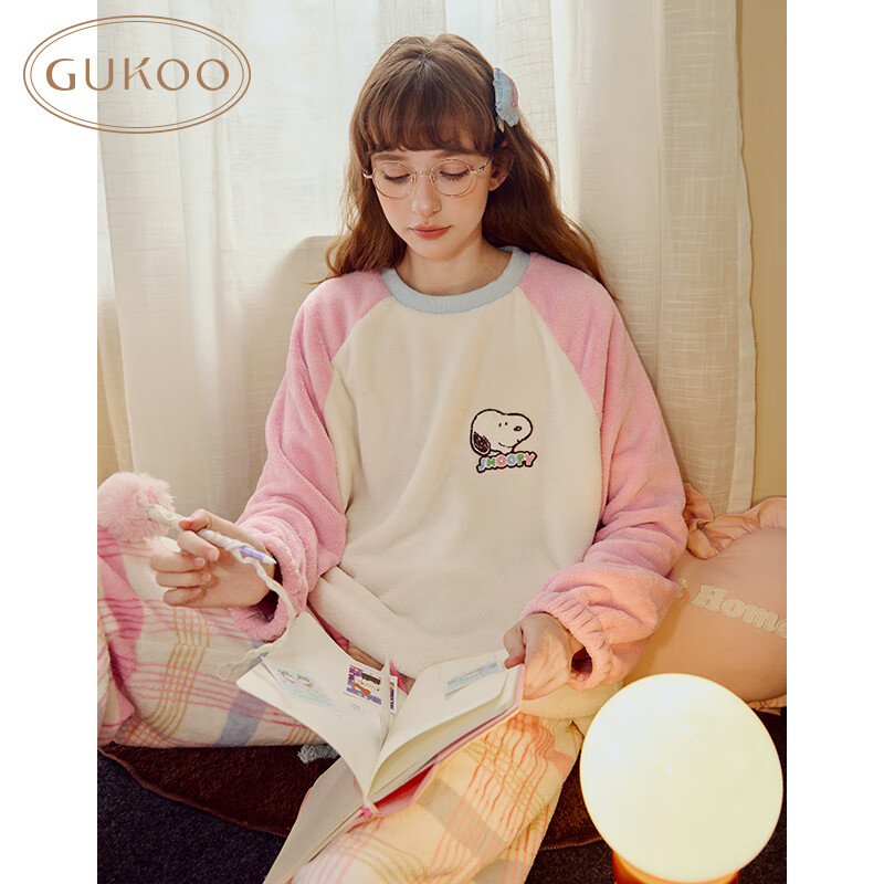 GUKOO 果壳 睡衣女冬季史努比联名毛绒保暖家居服套装 66.1元（需用券）
