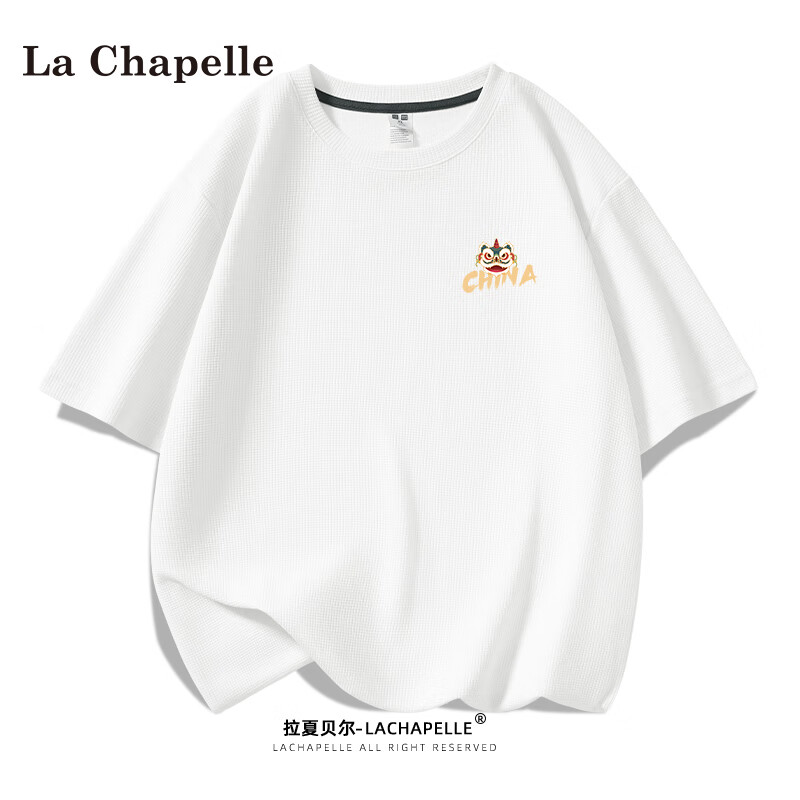 La Chapelle 短袖t恤男夏季印花重磅半袖黑色宽松休闲时尚华夫格男士体恤 醒