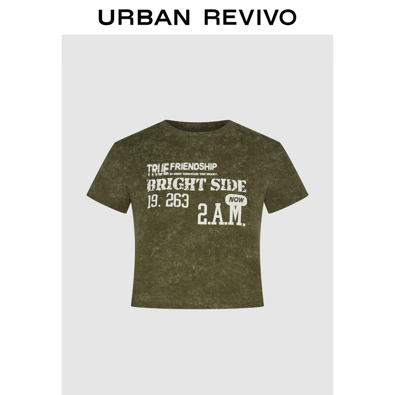 URBAN REVIVO UR2024秋季女装复古做旧炒色字母修身短袖T恤UYY440001 橄榄绿 S 79元