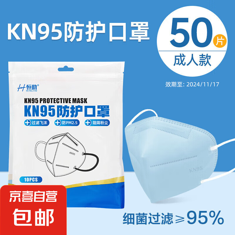 恒助 N95医用口罩5层防护双层熔喷布柳叶鱼型（12月临期） KN95口罩50片 4.9元