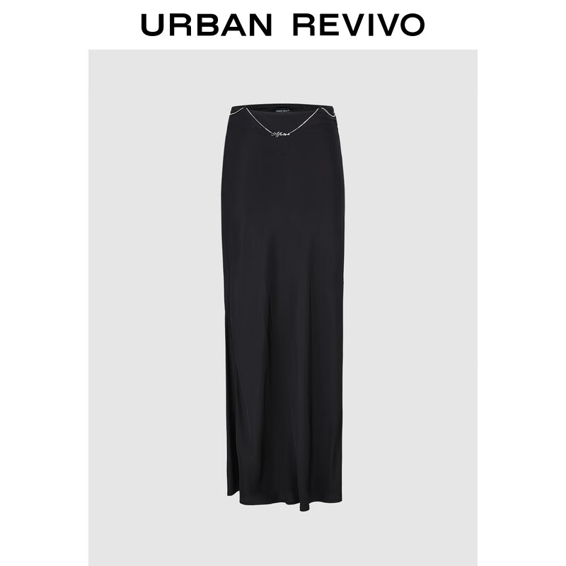 URBAN REVIVO UR2024秋季女装设计感可拆卸链条开衩直筒半裙UWJ540027 正黑 XL 279元