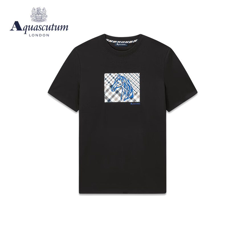 Aquascutum 雅格狮丹 春夏格纹马图案男打底衫短袖t恤Q4970EM021 黑/99 XL 683.6元