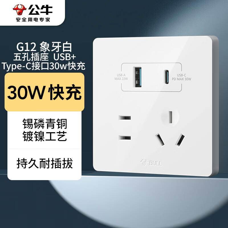 公牛 开关插座 G12系列 五孔插座带USB Type-C接口30w快充 86型面板G12E537 白 暗装