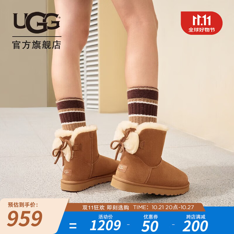 UGG秋季女士舒适时尚平底保暖迷你双蝴蝶结款休闲雪地靴 1127130 CHE | 栗色 37 