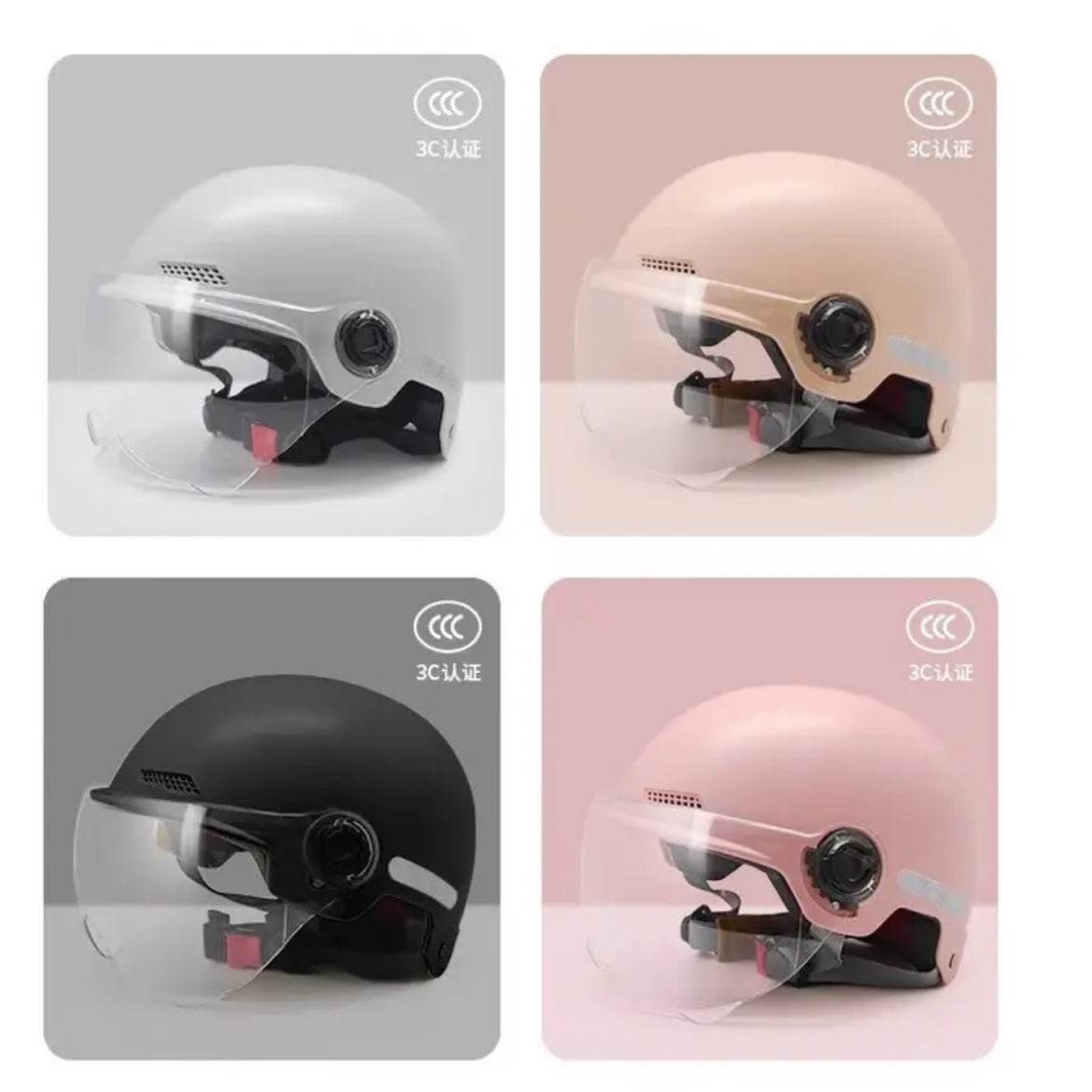 3C认证电动车头盔 女夏季防晒半盔 新国标安全帽 男 粉色-长款茶色强化镜片