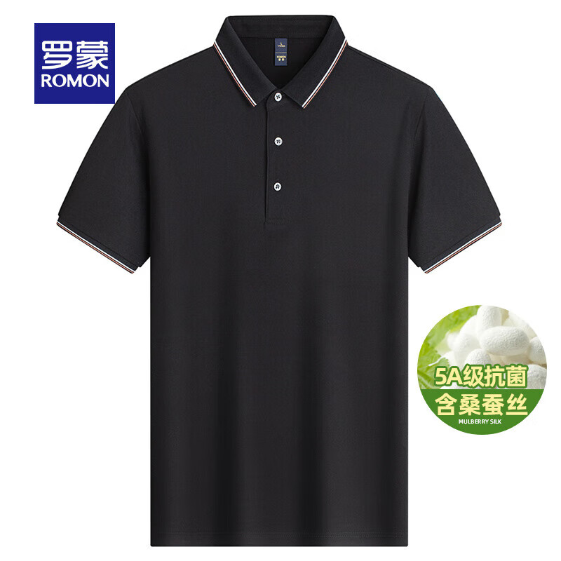 罗蒙 弹力含桑蚕丝短袖t恤衫男中青年凉感速干翻领宽松POLO 黑色 XL 180 34.9元(需用券)