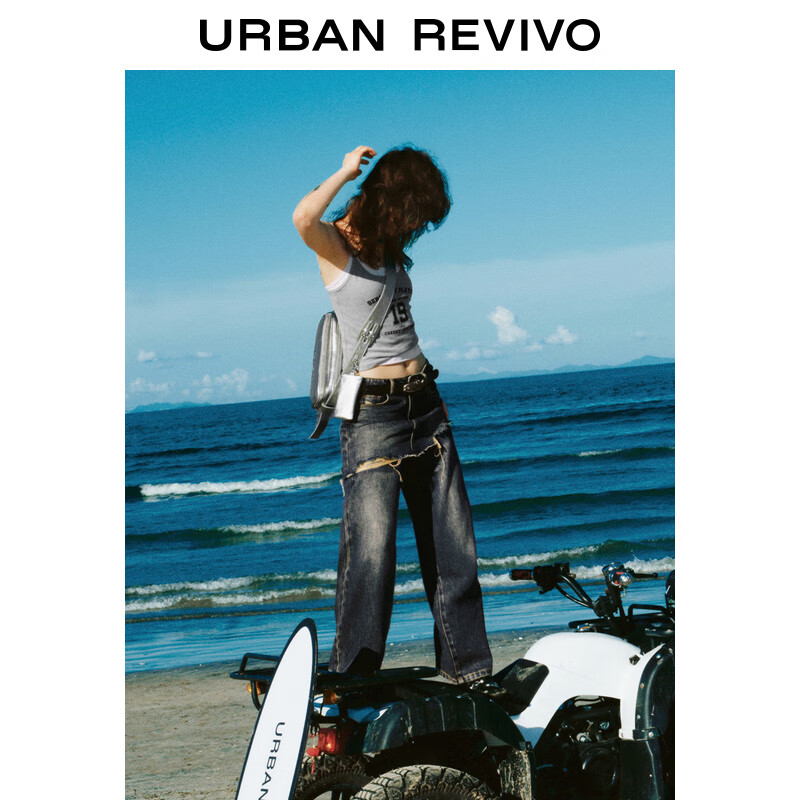 URBAN REVIVO UR2024秋季女装美式复古街头拼接流苏牛仔长裤UYV840002 蓝色 25 349元