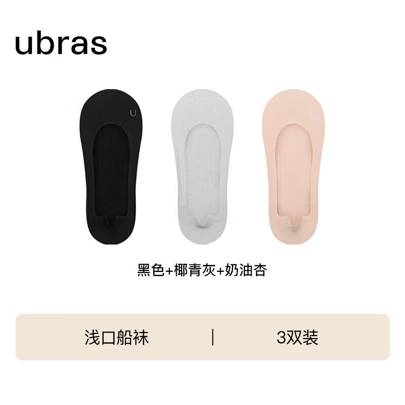 Ubras 3双隐形无痕浅口防滑船袜子女袜防掉跟 黑+椰青灰+奶油杏 39元