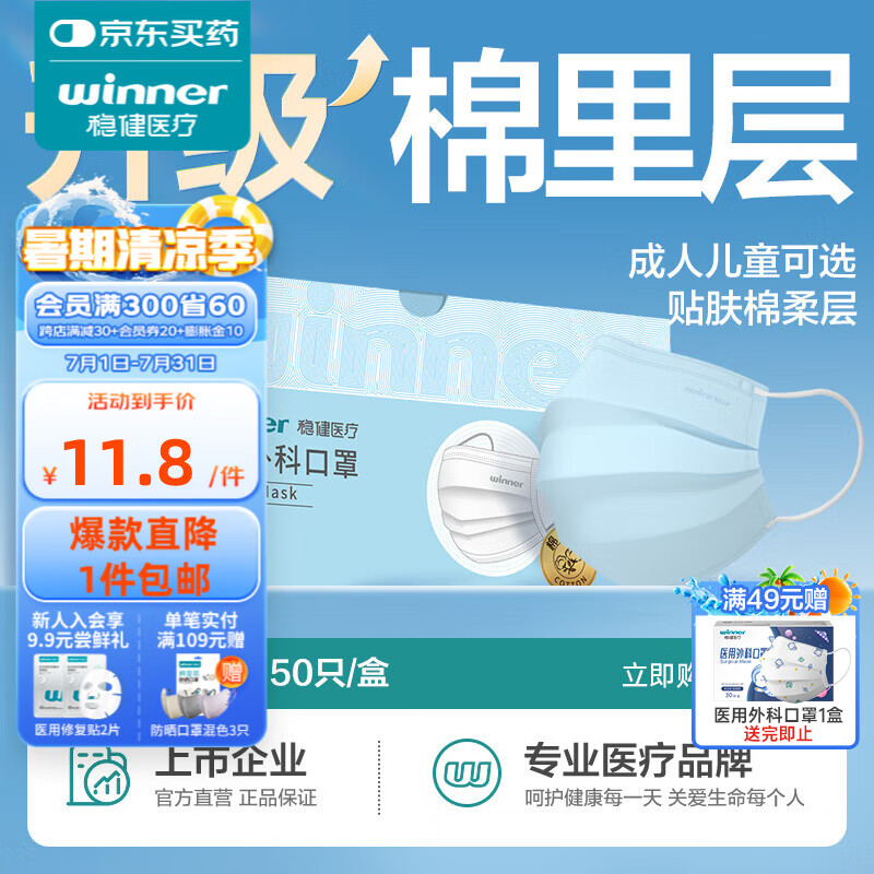 稳健医疗 稳健（Winner）外科口罩一次性口罩儿童口罩成人口罩夏季高透气防