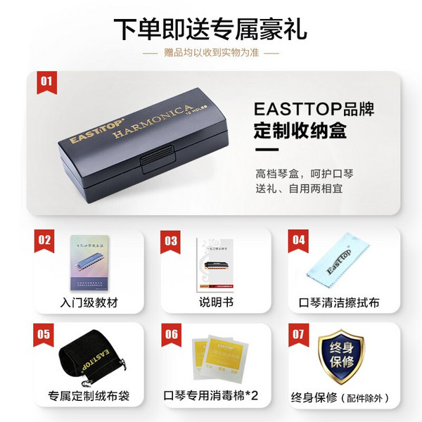 EAST TOP 东方鼎 布鲁斯口琴10孔黑色塑盒初学T10-3 10孔 C调 T10-3银色