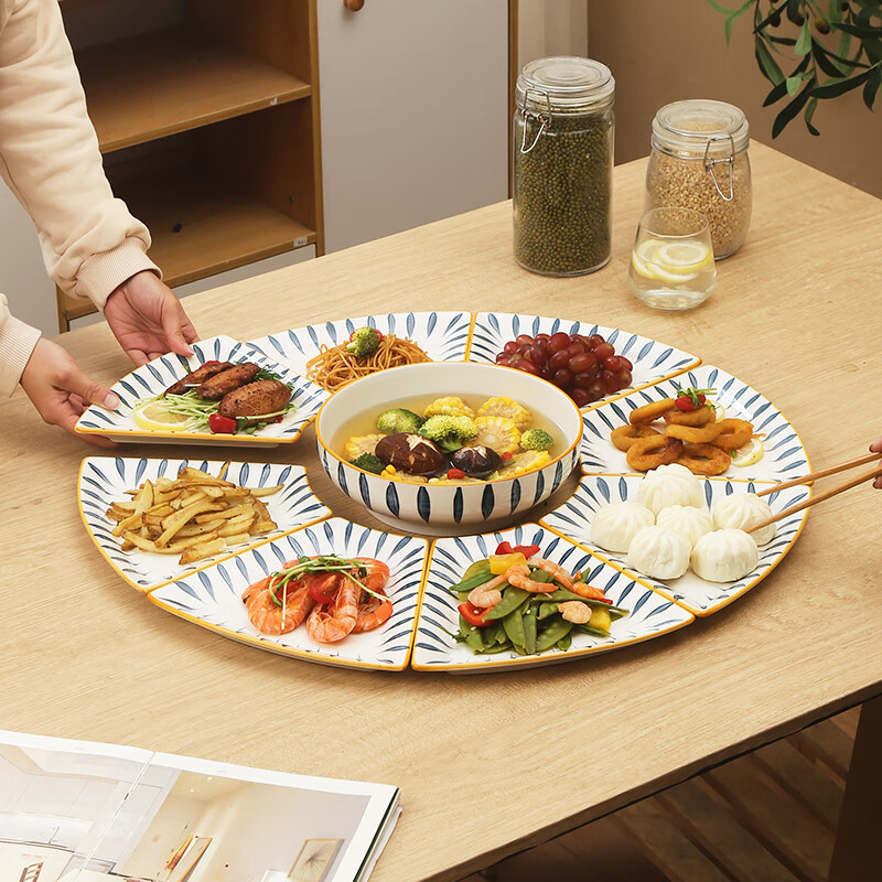唯铭诺 陶瓷餐具套装拼盘组合菜盘创意家用盘子碗碟 蓝和拼盘9件礼盒装 102