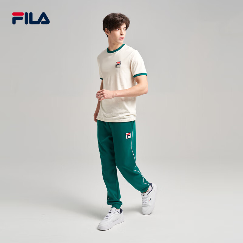 FILA 斐乐 男款撞色拼接圆领T恤短袖运动上衣欧版 复古白/墨绿色 XL 228元