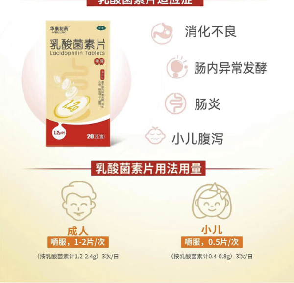 华素制药 乳酸菌素片 1.2g*20片 小儿腹泻消化不良肠炎 0.34元/片