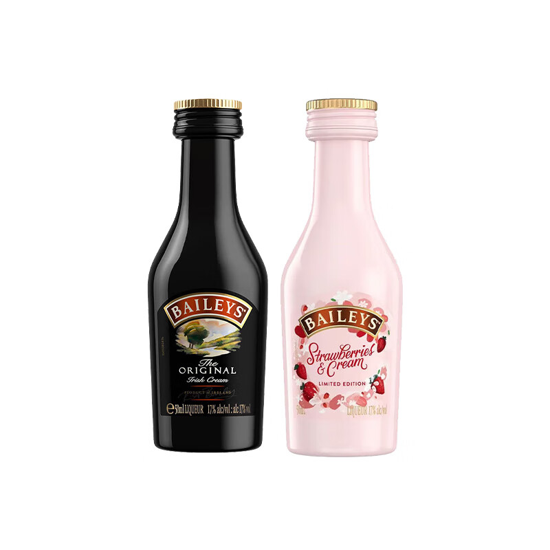 百利甜酒 百利（Baileys）甜酒进口小瓶洋酒调酒套装 甜酒50ml+草莓奶油味50ml 