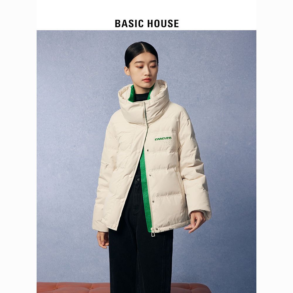 BASICHOUSE 百家好 Basic House/百家好白色短款羽绒服女款冬装时尚洋气撞色保暖