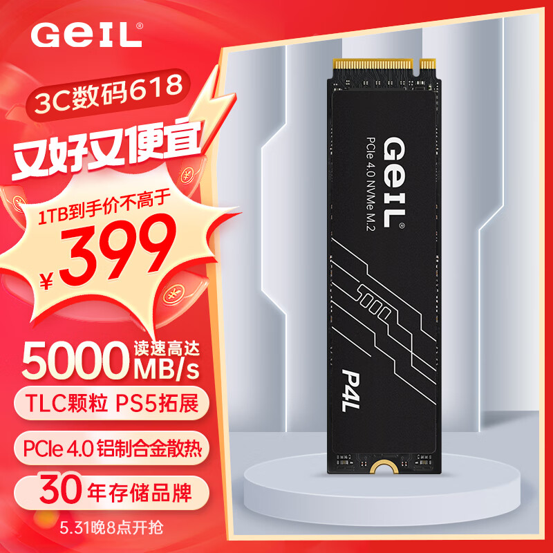 金邦 GeIL 1TB SSD固态硬盘 M.2接口(PCIe 4.0 x4)NVMe SSD游戏高性能版 高速5000MB/S P4L 