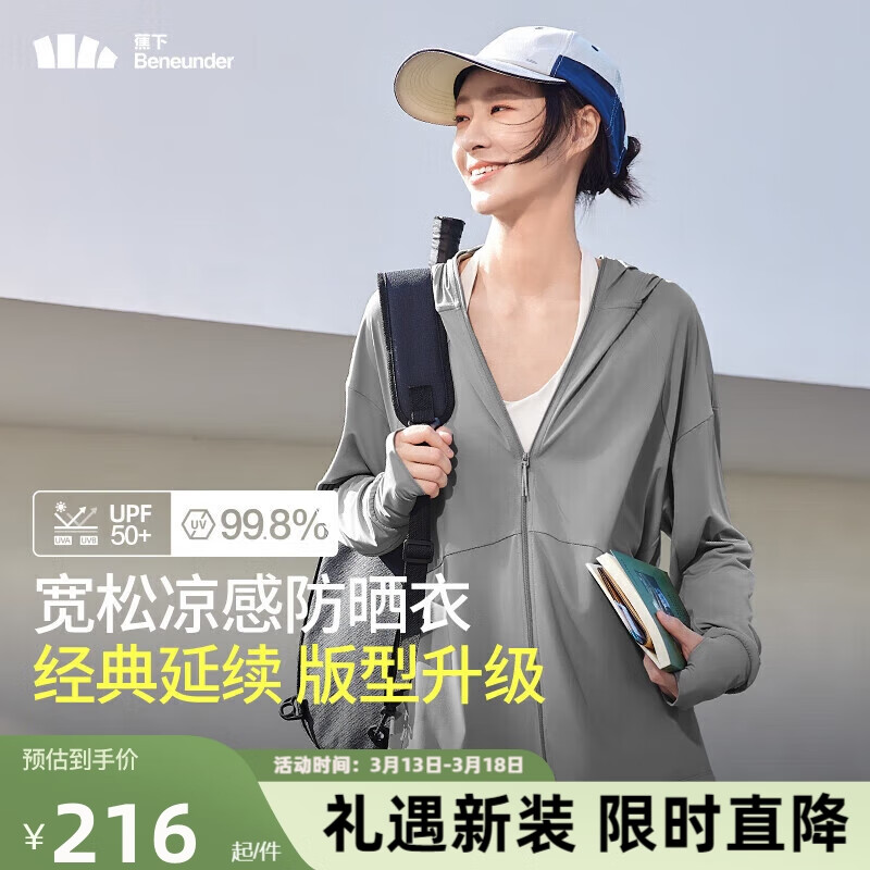 Beneunder 蕉下 哑光黑胶抗热凉感宽松原纱防晒衣女AL41724乌云灰F 96.71元（需用