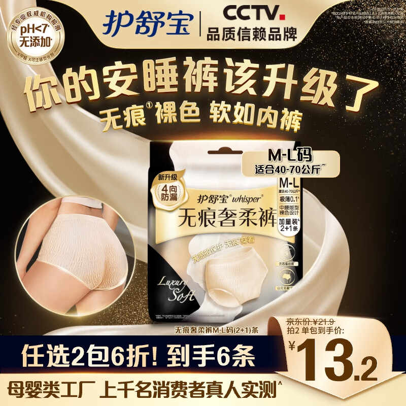 護舒寶 黑金考拉褲奢柔款安睡褲M-L3(2+1)條超長夜安褲安心褲衛生巾 21.9元