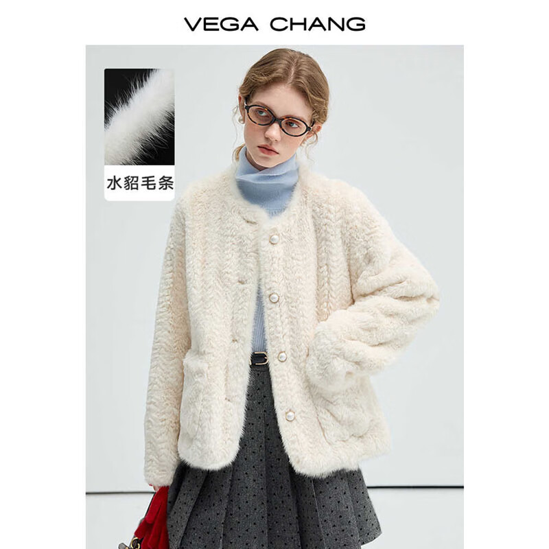 VEGA CHANG 女士短外套 真水貂毛条拼接外套 229元